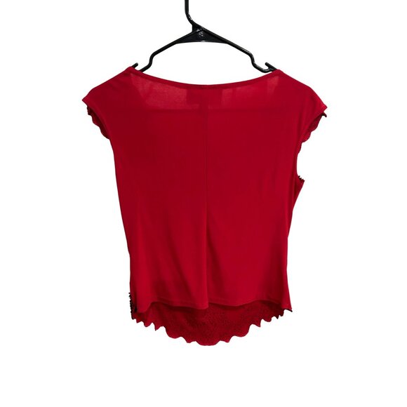 R and K Evening Red Cap Sleeve Top with Black Beaded Detailing SZ Small - Picture 2 of 8